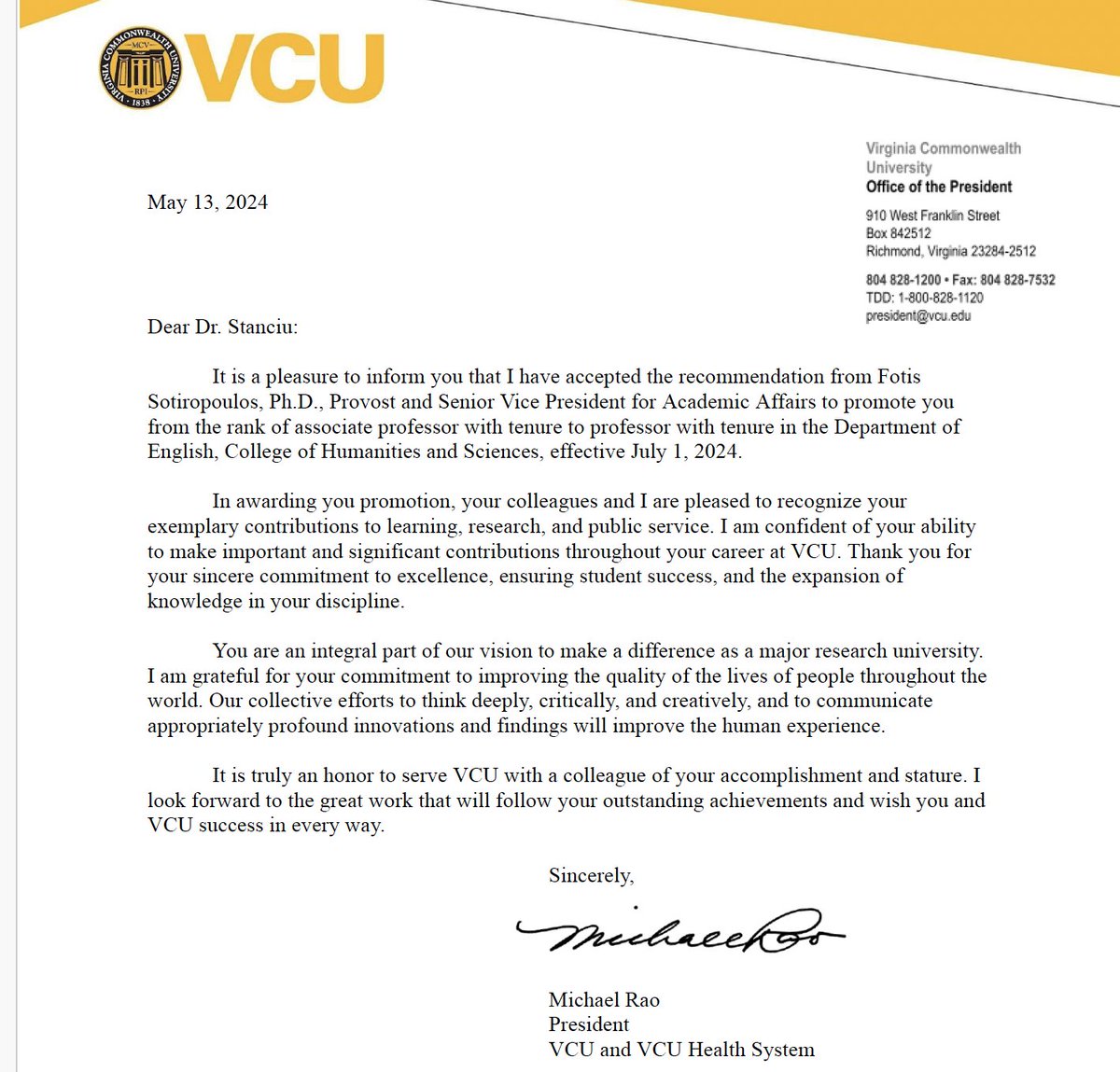 Promoted to Full Professor at VCU! It is great for the profession to have more women in Full Professor positions and I'm happy to join their ranks.