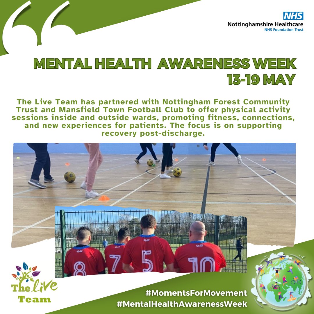 Our @TheLiveTeam_ partners with @NFFC_Community & @mansfieldtownfc to bring physical activity on & off the wards with football & multisports. It’s not just getting active; it’s building connections & new experiences for inpatients, & continuing recovery post-discharge #mhaw2024