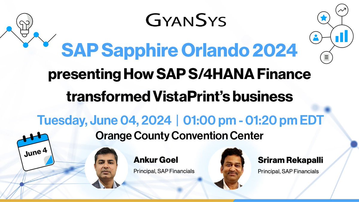 ⏳ The countdown to #SAPSapphire continues!🌟 #GyanSys has an exciting lineup this year! Be sure to add our customer success story session with VistaPrint on June 4th to your schedule.🗓️ Explore how VistaPrint successfully leveraged the SAP S/4HANA Finance solution!