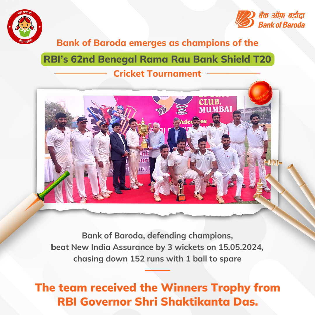 Bank of Baroda Triumphs Again!  BOB defended their title in the RBI's 62nd T20 Cricket Tournament, beating New India Assurance by 3 wickets with 1 ball to spare! Congrats to Captain Rahul Dalal, 'Man of the Finals', and the entire team! #BankOfBaroda #CricketChampions #RBIT20