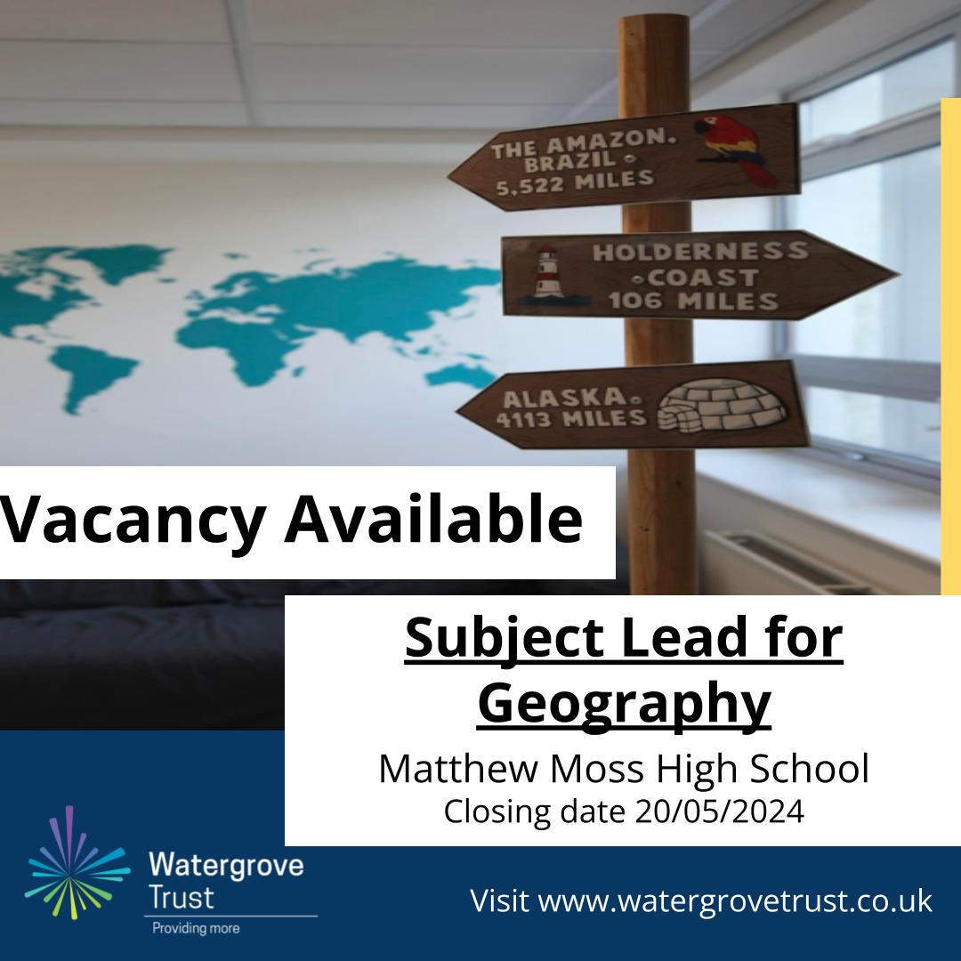 New Vacancy Alert! 🚨 An exciting opportunity has arisen for an experienced teacher to become Subject Lead of Geography to join the Humanities faculty. Apply here: bit.ly/4bjjSqn #providingmore #watergrovetrust #getrochdaleworking #vacancies #CHANGE