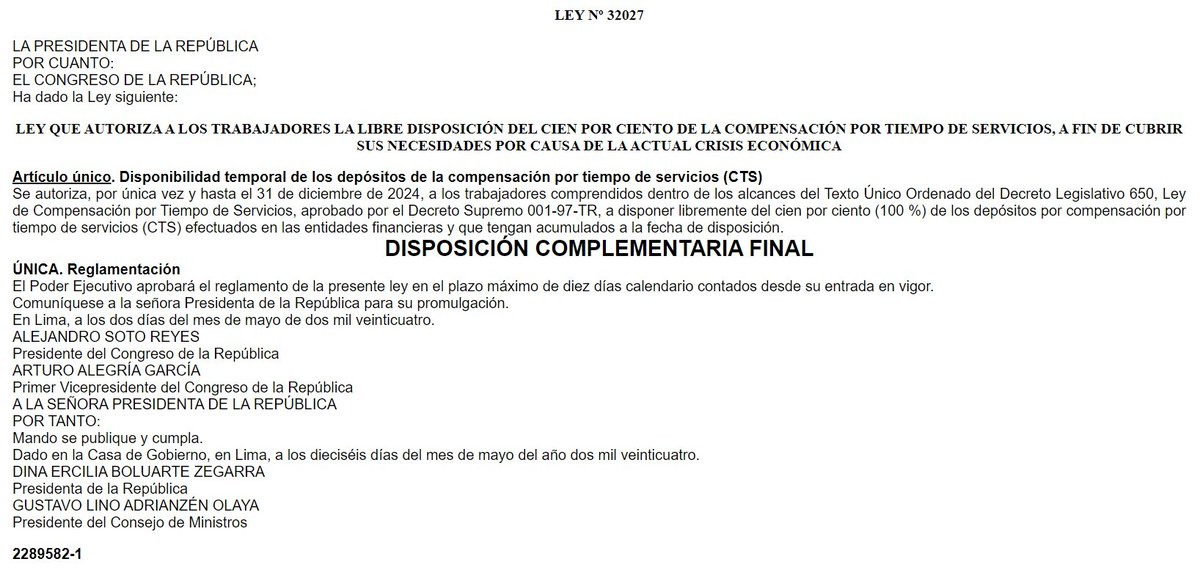 #NormasLegales Publican ley que habilita la liberación del 100% de la Compensación por Tiempo de Servicios (CTS). El Ejecutivo tiene ahora 10 días como máximo para reglamentar la norma y luego de ello el retiro se podrá realizar hasta el 31 de diciembre de 2024. ✍️@Jona1084