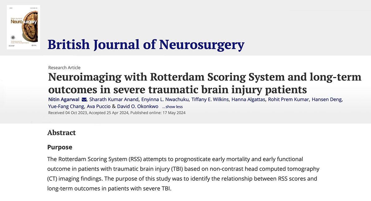 Study examines relationship between Rotterdam Scoring System scores and long-term outcomes in patients with severe traumatic brain injury. tandfonline.com/eprint/B6PMFZ6… <a href="/NitinAgarwalMD/">Nitin Agarwal, M.D.</a> <a href="/UPMCPhysicianEd/">UPMC Physician Resources</a> <a href="/Rohit_PremKumar/">Rohit Prem Kumar</a> <a href="/Pitt_NCTC/">Neurotrauma Clinical Trials Center @PittNSGY</a>