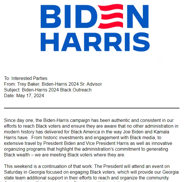 Biden Campaign Memo on 2024 Black Outreach; '...the Biden-Harris campaign has been authentic and consistent in our efforts to reach Black voters and ensure they are aware that no other administration...has delivered for Black America in the way [we] have.' bluevirginia.us/2024/05/biden-…