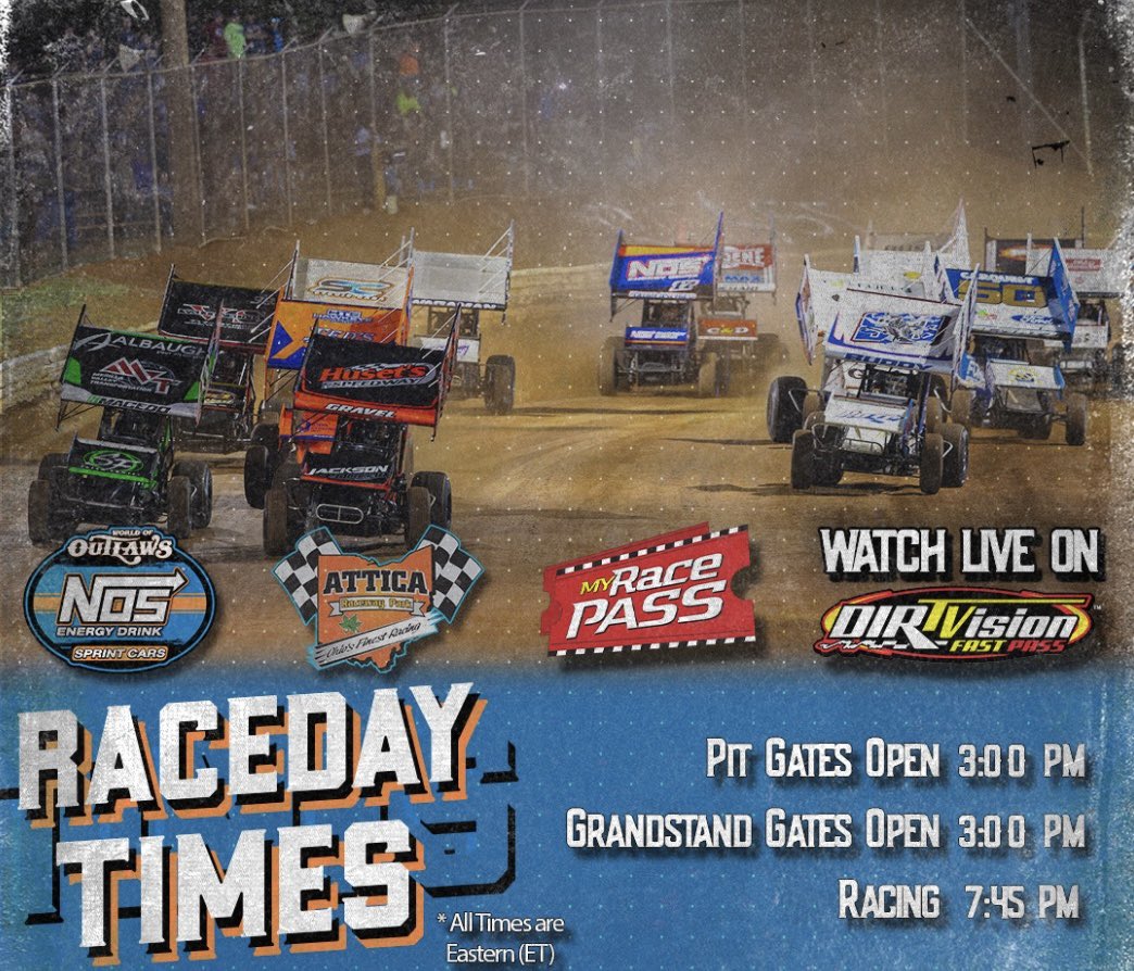 Ready for battle in the Buckeye State 😤 An Ohio 𝗥𝗮𝗰𝗲 𝗗𝗮𝘆 brings the World of Outlaws @NosEnergyDrink Sprint Cars to @AtticaRacewyPrk for the 24th time in Series history tonight! 📺 Watch Live: @DIRTVision ⏱️ Timing & Results: @MyRacePass