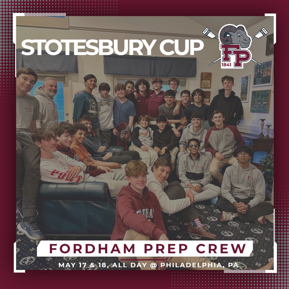 Good Luck to our @FordhamPrep Crew program who will be competing at the Stotesbury Cup today (5/17) and tomorrow (5/18). Go Rams! 🐏🚣 #AMDG #GoRams #HomeOfChampions