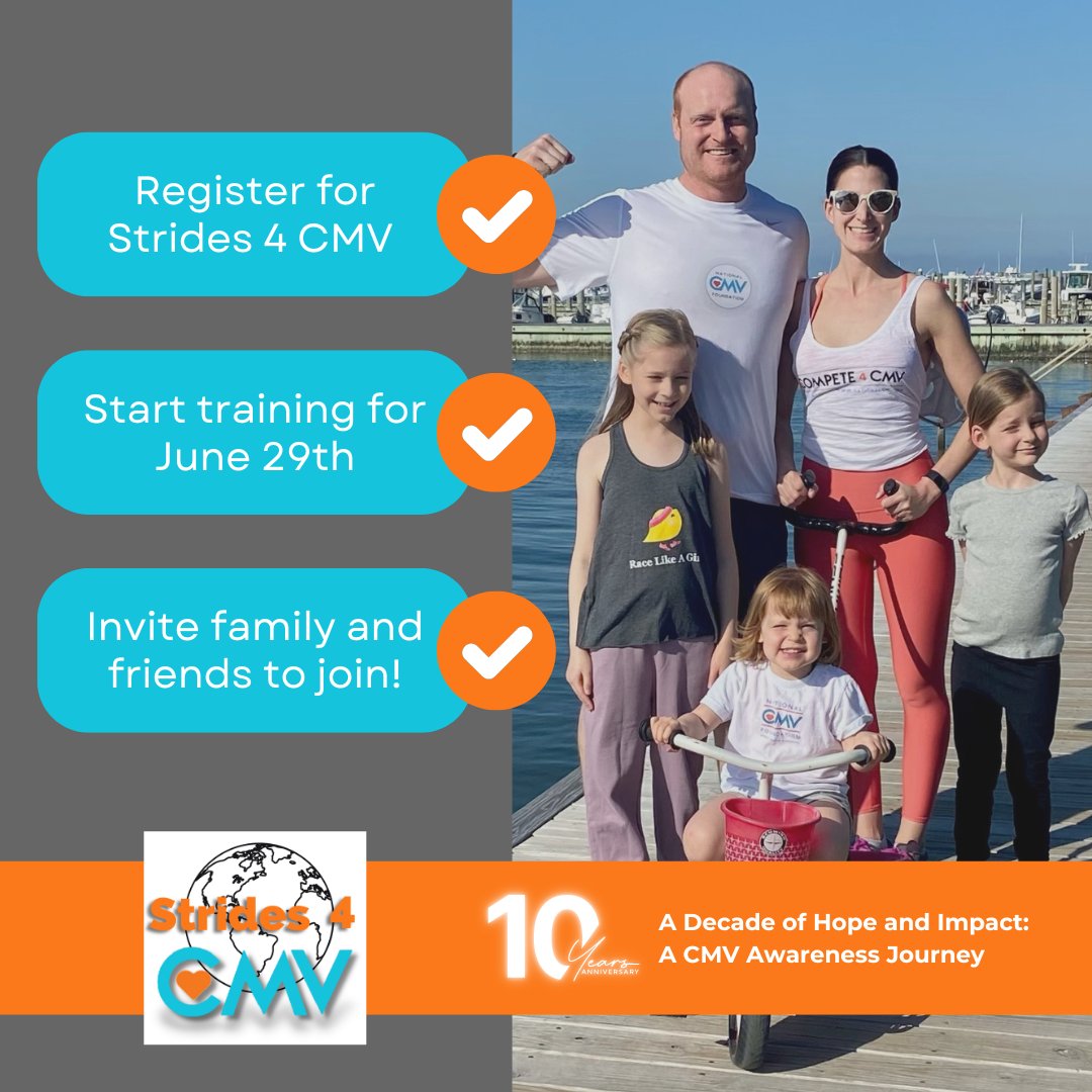 Register and invite family and friends to join! Celebrate @nationalcmv's 10th anniversary by joining us as we walk, run, or roll in the 5th Annual #Strides4CMV Worldwide Virtual 5k happening Saturday, June 29th! Register here: ow.ly/mNke50RaSlB #StopCMV #CMVAwareness
