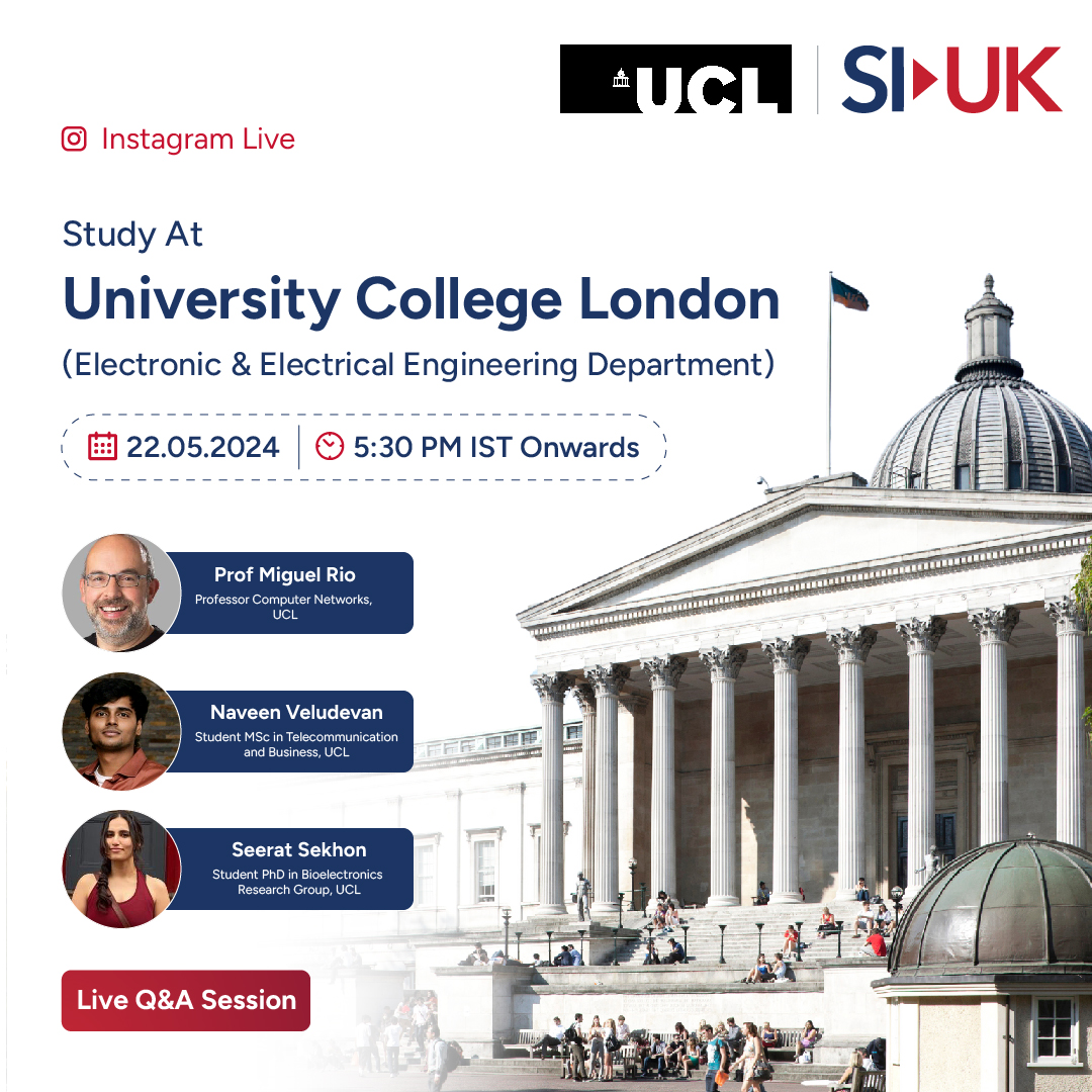 🇮🇳 Thinking of applying for an MSc @ucl from India? Join our Instagram Live next week with Prof Miguel Rio & students Seerat Sekhon and Naveen Veludevan for honest insights into our MSc programmes. 🗓️ 22nd May ⏰ 5:30 pm 📸 Join us here: instagram.com/ucl.eee/?hl=en…