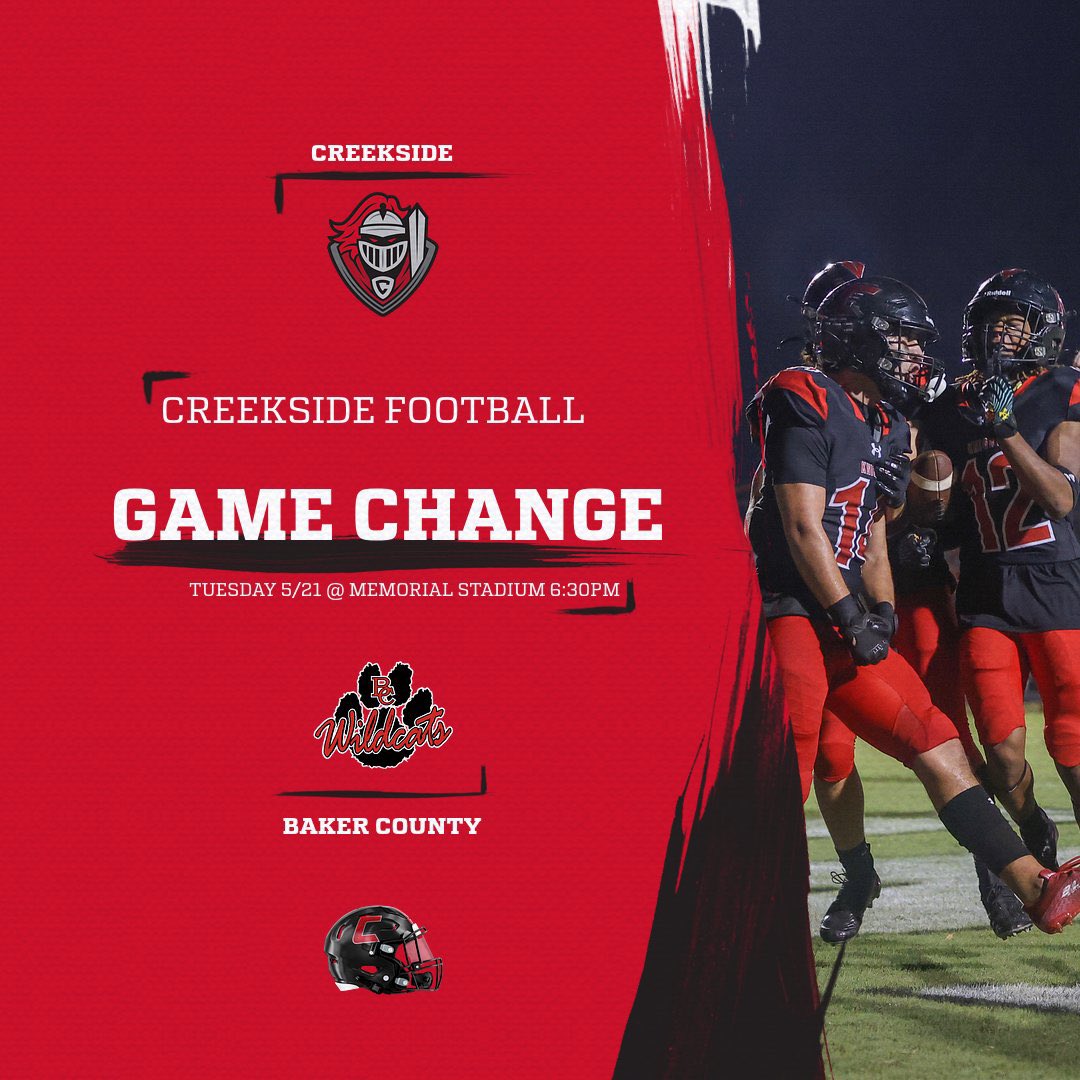 🚨Spring Game Change🚨 @Creekside_fb will now travel to @BCWildcatsFB on Tuesday 5/21! Kickoff will be at 6:30 inside Memorial Stadium. #WorkToWin #1MorE24 @JuinBarneyTV @FlaHSFootball @Andy_Villamarzo @larryblustein