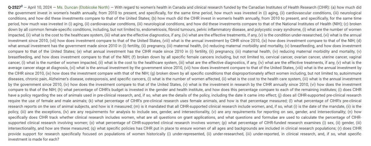 Half of Canadians are women. Yet we “know less about almost every aspect of female biology than we do about male biology”. There are sex-based differences in disease, diagnosis, response to treatment and outcomes. I asked the government questions on women’s health.