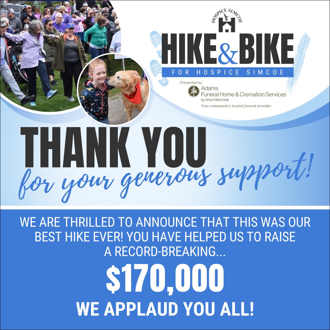 A big THANKS for your generous support of our Hike &amp; Bike for Hospice 2024. This was a record-breaking year thanks to our hikers, bikers, volunteers, sponsors, participants, and staff for helping raise over $170,000!
We applaud you all!
#hospicesimcoe 
hospicesimcoe.ca