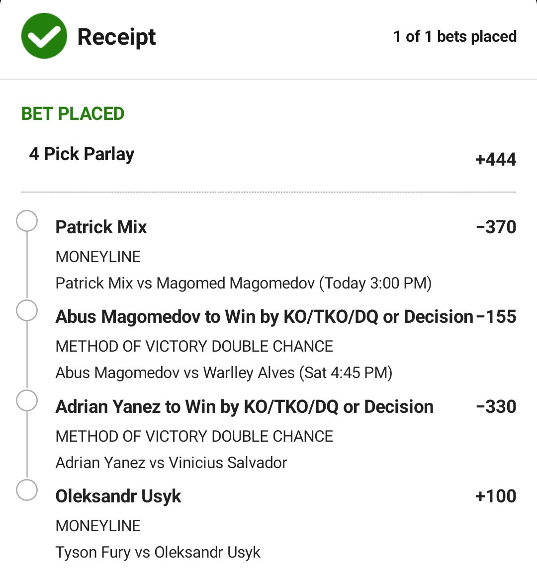 Bellator/UFC/Boxing Parlay (+444) Liking all of these spots across the next two days. Couldn't pass up + money on Usyk, I think he's going to dethrone Fury tomorrow. I plan to get a few plays in with Mix and Yanez, particularly liking them. #BellatorParis #UFCVegas92 #Boxing