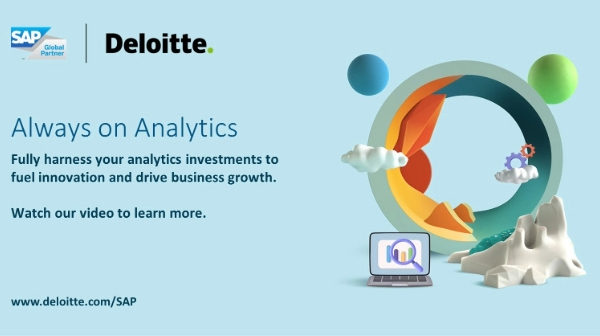 DavidRFeeney's tweet photo. Deloitte's "Always on Analytics" is a meticulously designed solution that integrates, manages, and leverages your data to unleash its full potential and drive business growth. Watch Deloitte's video, created in partnership with SAP, here. https://t.co/e5fukbcwrB https://t.co/Rz1k1usNnx
