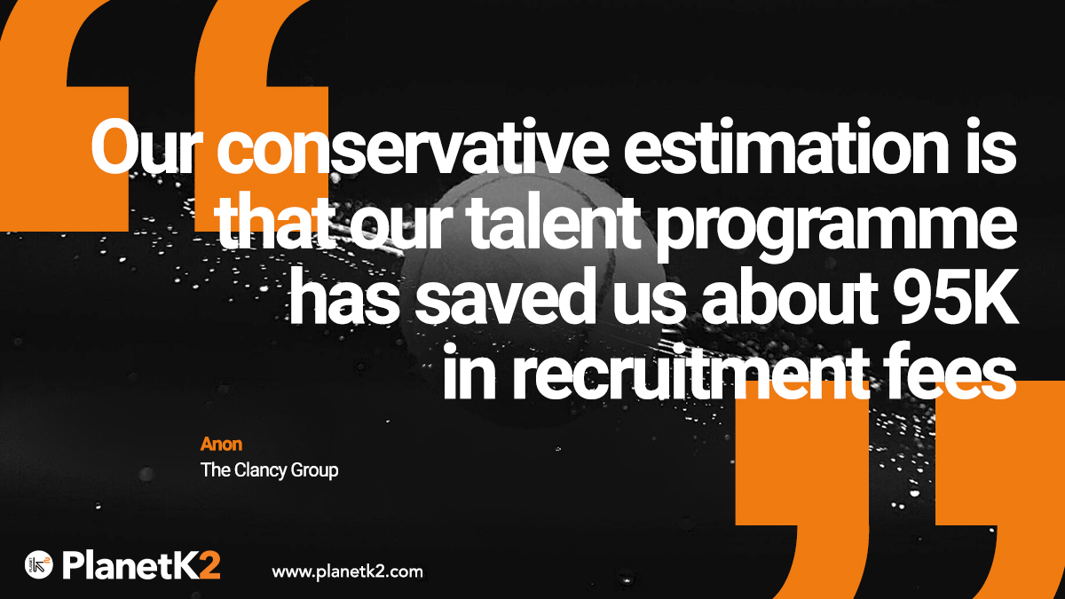 "Our conservative estimation is that our talent programme has saved us about 95K in recruitment fees."

Don't waste your talent! 

Talk to us⬇
planetk2.com/contact/

#performance #talent #highperformance #testimonial