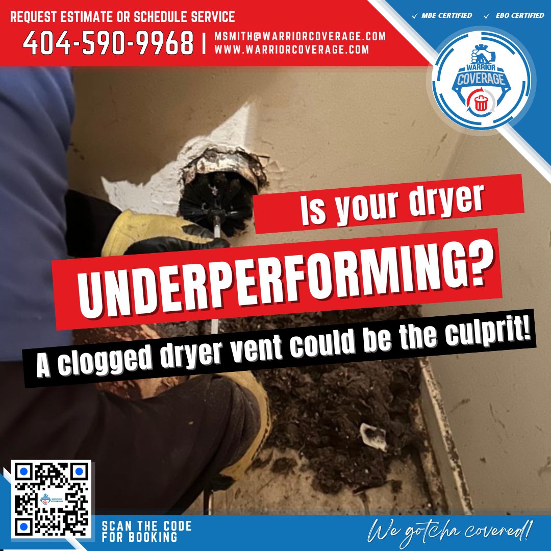 Don't let a sluggish dryer slow you down—let us help you get things running smoothly again!

#WarriorCoverage  #DryerventcleaningAtlanta #DryerventcleaningGeorgia #DryerventcleaningFulton #DryerventcleaningGwinnett #DryerventcleaningDekalb #DryerventcleaningCobb