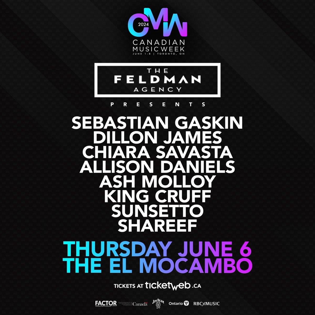 Canadian Music Week and The Feldman Agency presents Sebastian Gaskin, Dillon James Chiara Savasta, Allison Daniels, Ash Molloy, King Cruff, sunsetto and Shareef at The El Mocambo on Thursday, June 6. Tickets are on sale now. bit.ly/4blwgpw! 🎟 🔗 #cmw2024