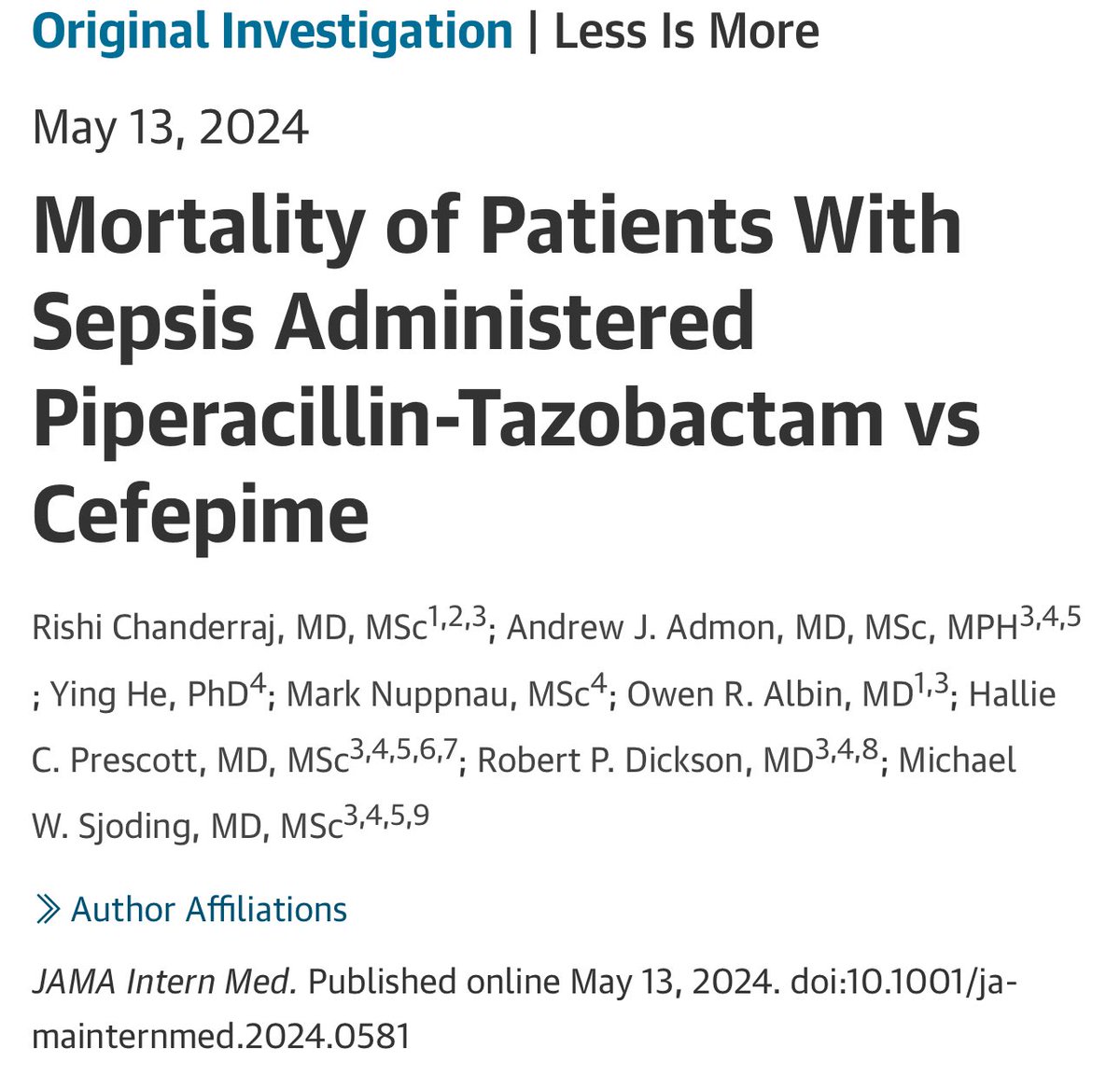 🙋‍♂️ Zosyn ⬆️ mortality vs. Cefepime in Sepsis in new @JAMAInternalMed paper 🔎 Supports concern & data for adverse outcomes associated with anti-anaerobic antibiotics. 👉Try to avoid anti-anaerobic abx in respiratory, urinary, & bloodstream sources 🔗 jamanetwork.com/journals/jamai…