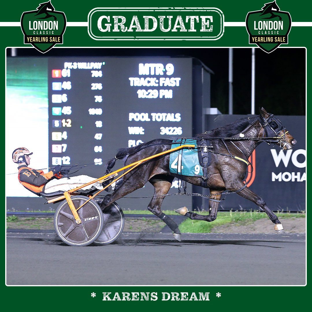 Driver Tyler Borth and KARENS DREAM crossed the line in 1:56 @woodbinesb on Thursday night, a new lifetime mark for the three year old filly.