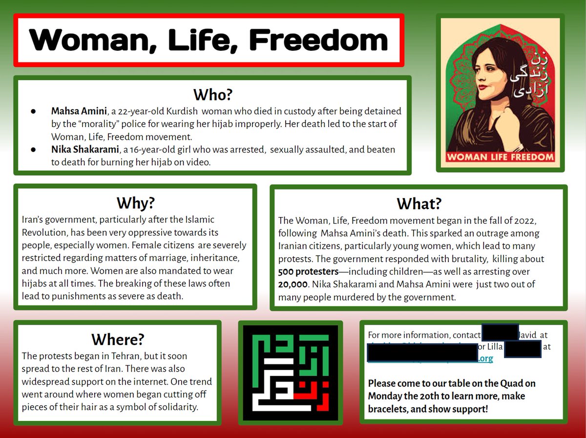 My daughter had to choose a topic for her modern world history class that she could tell others about as an advocate. Unprompted, she chose the 'woman, life, freedom' movement in Iran. She researched the topic, made flyers and has been telling schoolmates about it. Very proud!