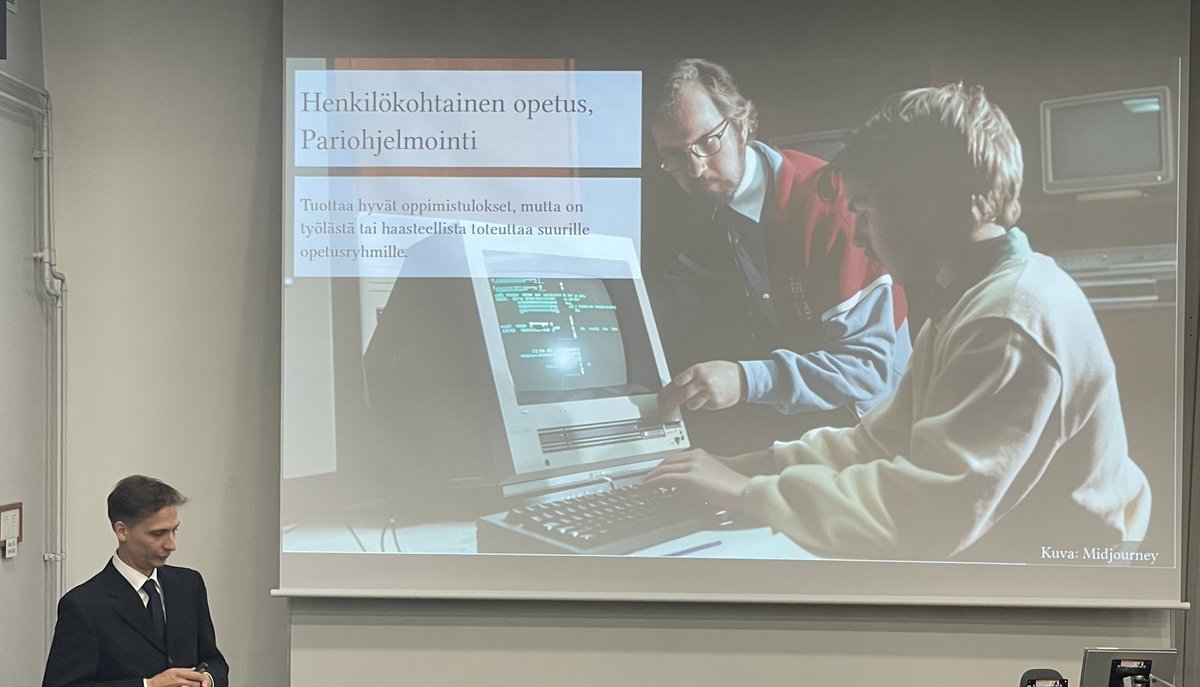 ihantola's tweet image. Teemu Lehtinen successfully defended his dissertation on questions about learners' code at @AaltoUniversity. As a side note, Midjourney's view on #PairProgramming hints the approach is getting old. #csed