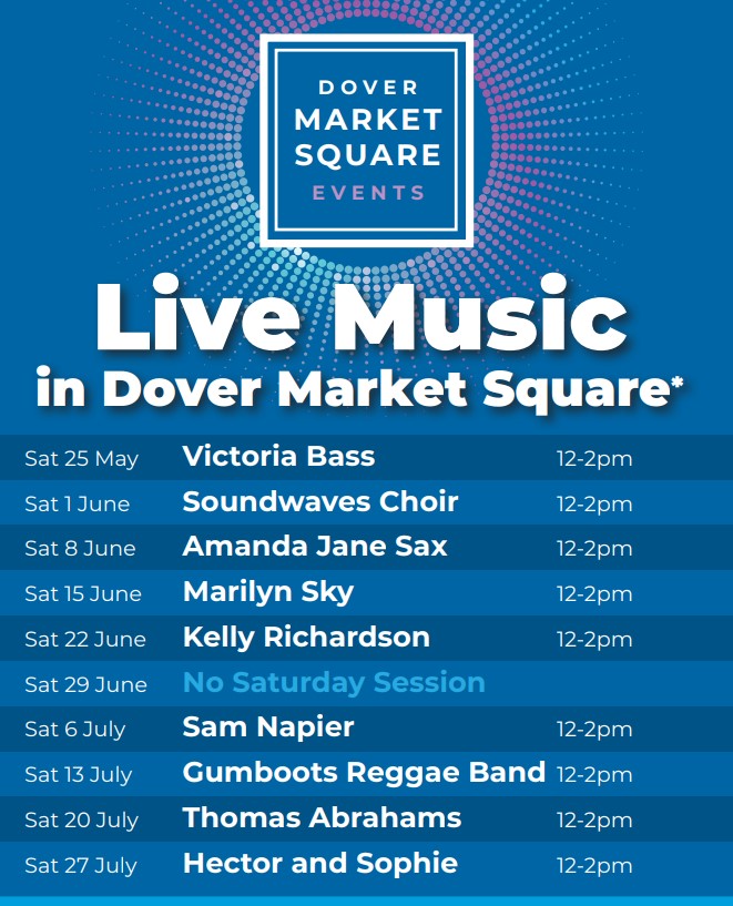 🎶 The fabulous, free-to-attend Saturday Sessions are returning to #Dover Market Square showcasing talented local musicians*

*Not forgetting (12pm-2pm):
- Tara James, 3 August 
- Hannah Estelle, 10 August 
- Two's Company, 31 August 
- Nicola Tee, 21 September 

Funded by #UKSPF