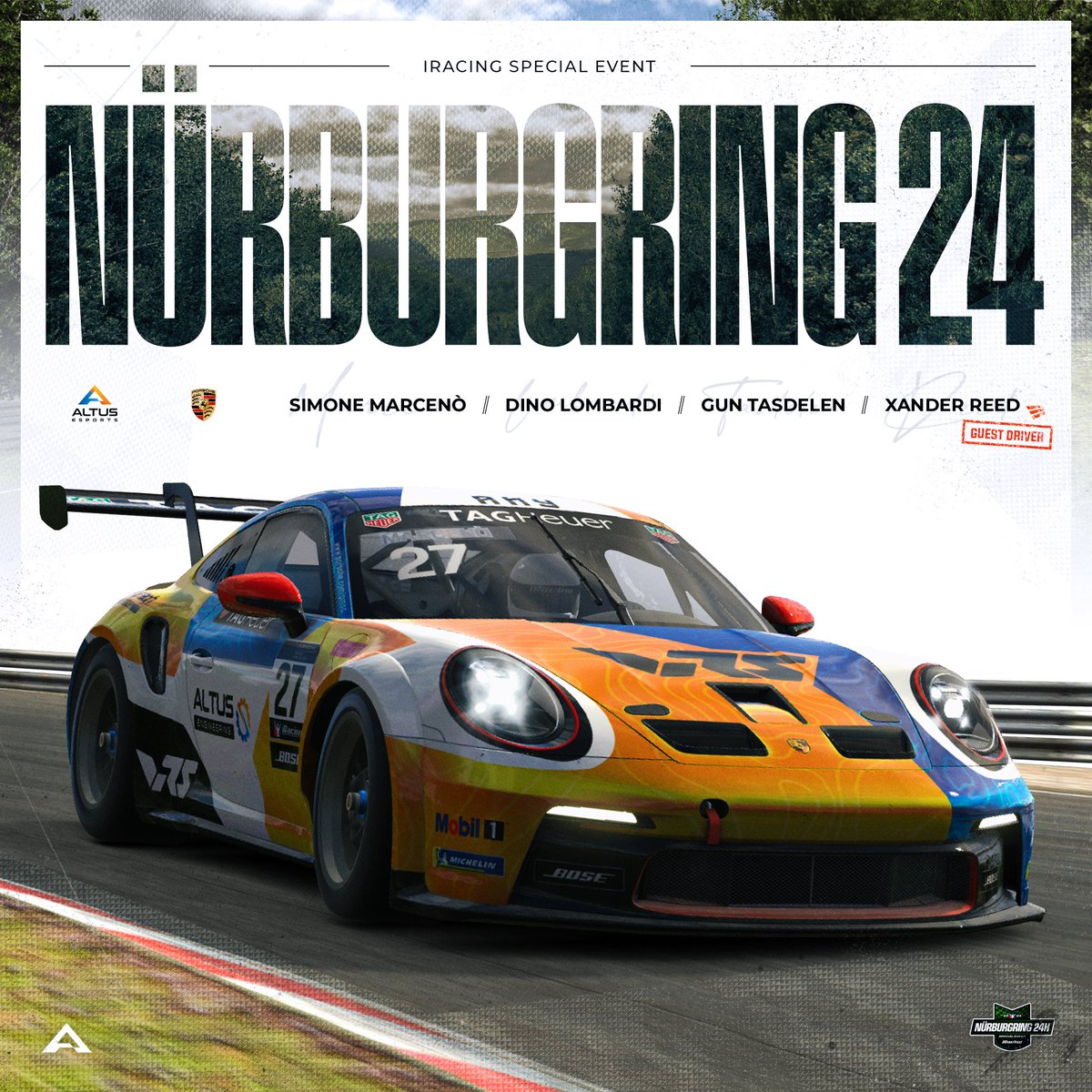 Everything is settled up for the upcoming @iRacing Nurburgring 24 h. Our very own Simone Maria Marcenò and Dino Lombardi will be joined by Gun Tasdelen and as guest driver for gentle courtesy of @CoandaEsports ...Xander Reed. See you tomorrow at 15 cet.