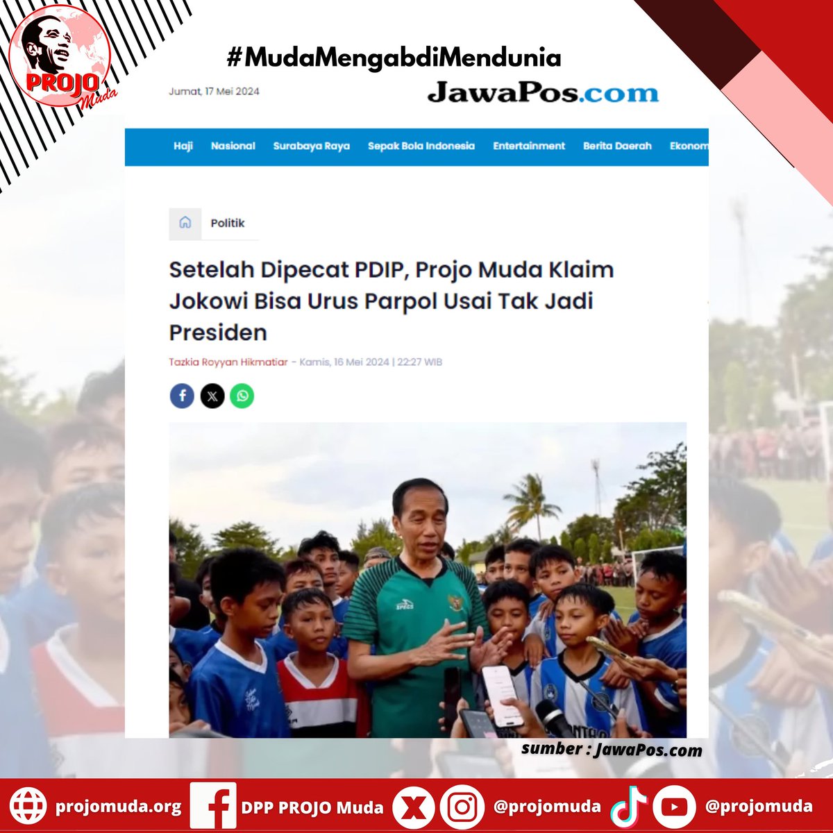 Setelah Dipecat PDIP, PROJO Muda klaim Bapak Jokowi Bisa Urus Parpol Usai Tak Jadi Presiden

PROJO MUDA
Muda, Mengabdi, Mendunia
#projo #projomuda
#setiadigarisrakyat #mudamengabdimendunia
#tegaklurusbersamajokowi #gibranjagoanku #indonesiamaju #indonesiaemas