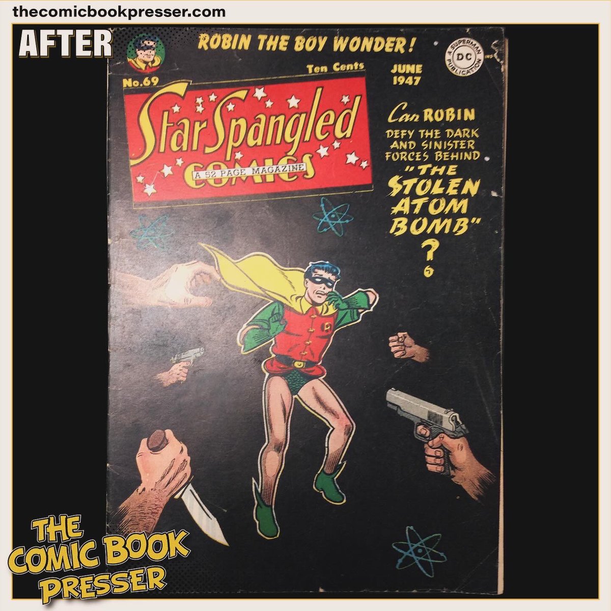 This classic Star-Spangled Comics from 1947 got a makeover! We pressed out those pesky bends, dry cleaned for a brighter look, and even fixed the spine roll.
#thecomicbookpresser #comics #cgc #comicbooks #comicpressing #batman #robin #detectivecomics #comicbookpressing