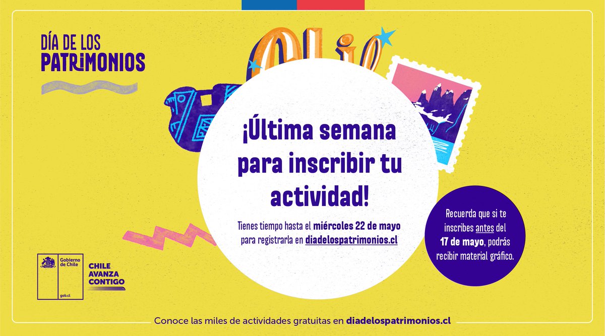 📣#BibliotecasPúblicas Recuerden que hasta el próximo miércoles 22 de mayo pueden inscribir sus actividades del #díadelospatrimonios en diadelospatrimonios.cl. Si la inscriben hasta hoy recibirán material gráfico #25añosdehistorias