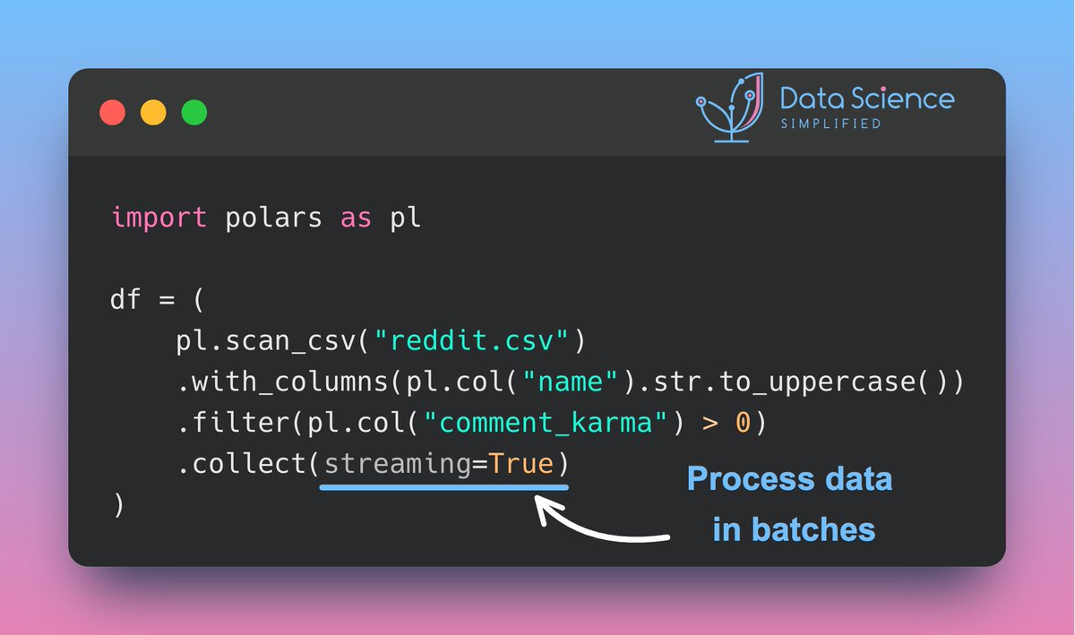 KhuyenTran16's tweet image. The default collect method in #Polars processes your data as a single batch, which means that all the data must fit into your available memory.

If your data requires more memory than you have available, use the streaming mode to process it in batches.
