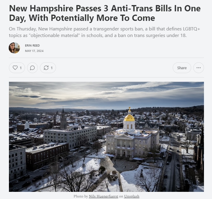 ErinInTheMorn's tweet photo. 1. New Hampshire has passed 3 anti-trans bills in a single day, with potentially more to come. 

Bills passed include a sports ban, a bill defining LGBTQ+ topics as "objectionable" in school, and a surgery ban for youth.

Subscribe to support my journalism. https://t.co/3s2l5Ub2iS