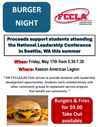 What's better than a Friday night? A Friday with a burger in your hand. Support KM FCCLA