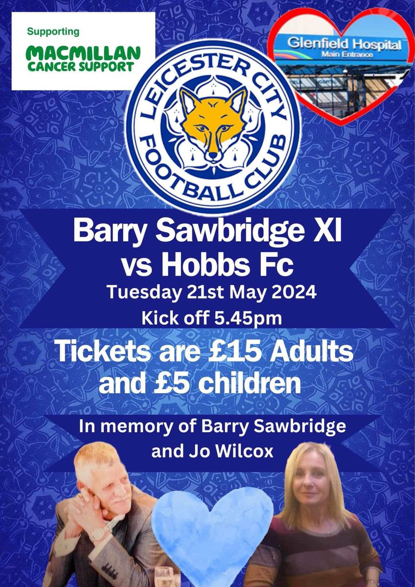 Tuesday 21st may, me and my team mates are playing in a charity match at the king power stadium in aid of my mums charity Macmillan and glenfield hospital for @CSawbridge our manager on the day is @jerseybudd come down and show your support 👍🏻