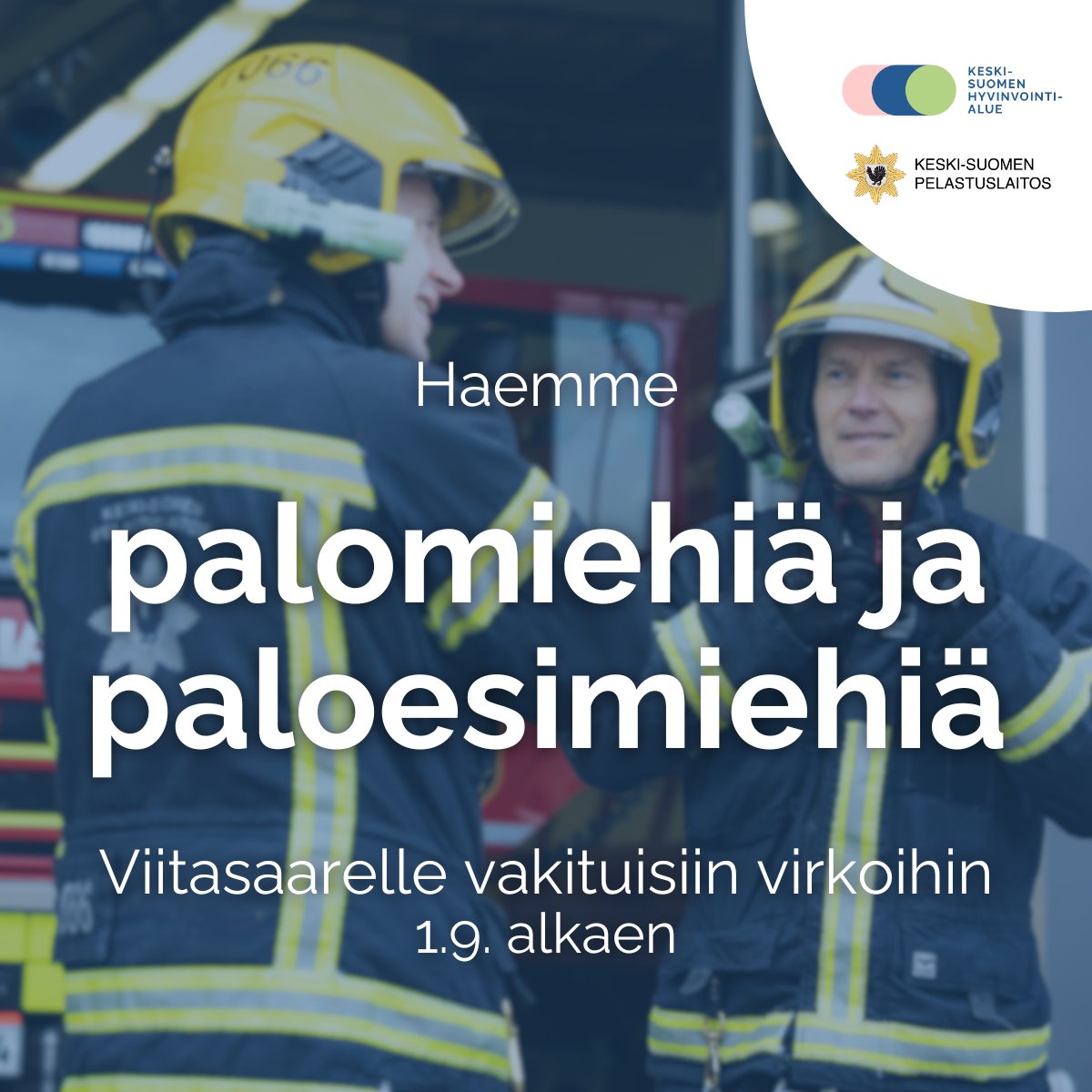 Palomies: tervetuloa työkaveriksi Viitasaarelle! 🚒 Viitasaaren paloasema on uusi ja käytössäsi on alan parhainta kalustoa. Lue lisää Kuntarekryn sivulta ja hae 7.6. klo 15.45 mennessä 👉 kuntarekry.fi/fi/tyopaikat/?… @ViitasaariFi #palomies #paloesimies #rekry #hyvaks