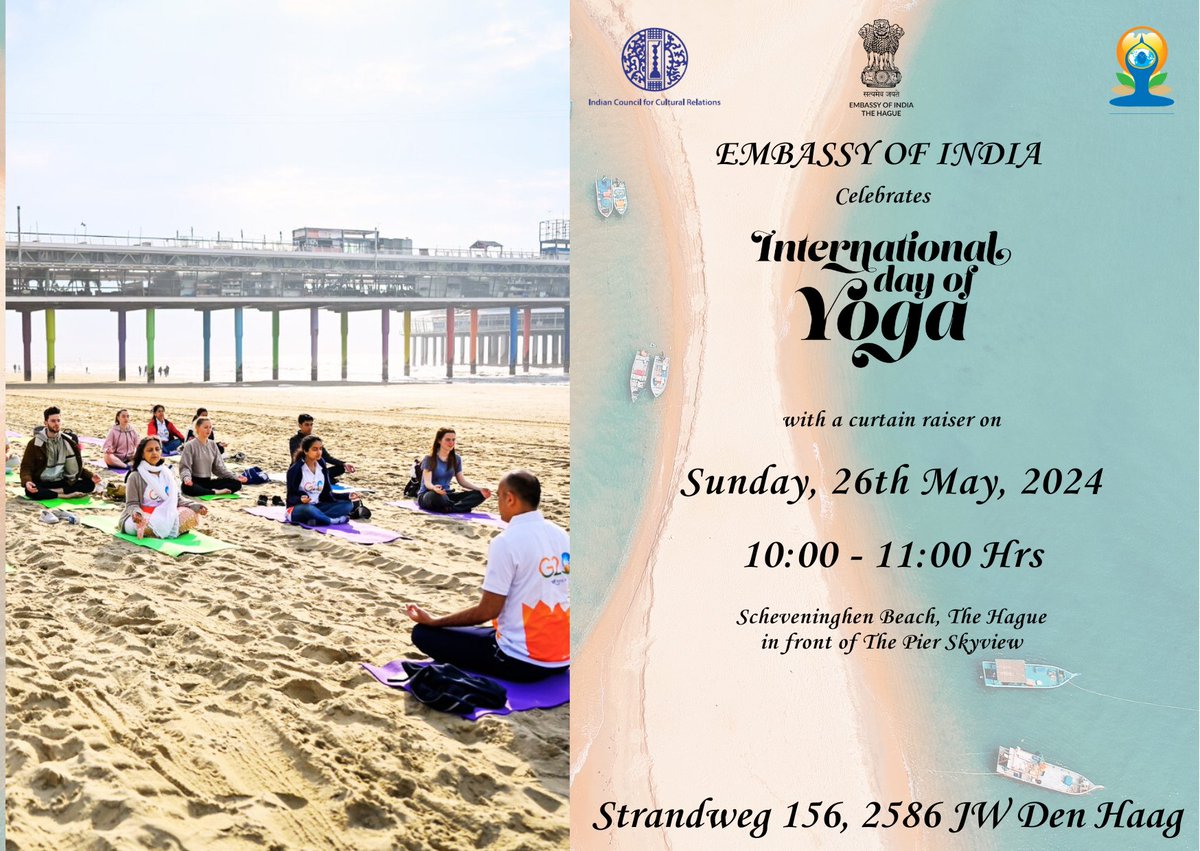 Let's raise the curtain together for the International Day of Yoga with a rejuvenating yoga session on the beautiful sands of Scheveningen Beach! 📷📷
📷 Date: Sunday, May 26, 2024
📷 Time: 10:00 AM - 11:00 AM
📷 Location: Scheveningen Beach