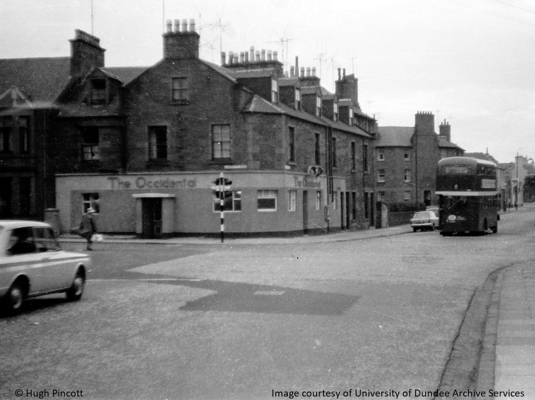 Hugh Pincott photograph of the Occidental Bar on the corner of Claypotts Road and Queen Street, Broughty Ferry as it looked in 1964 #Archives #Dundee #DundeeUniCulture