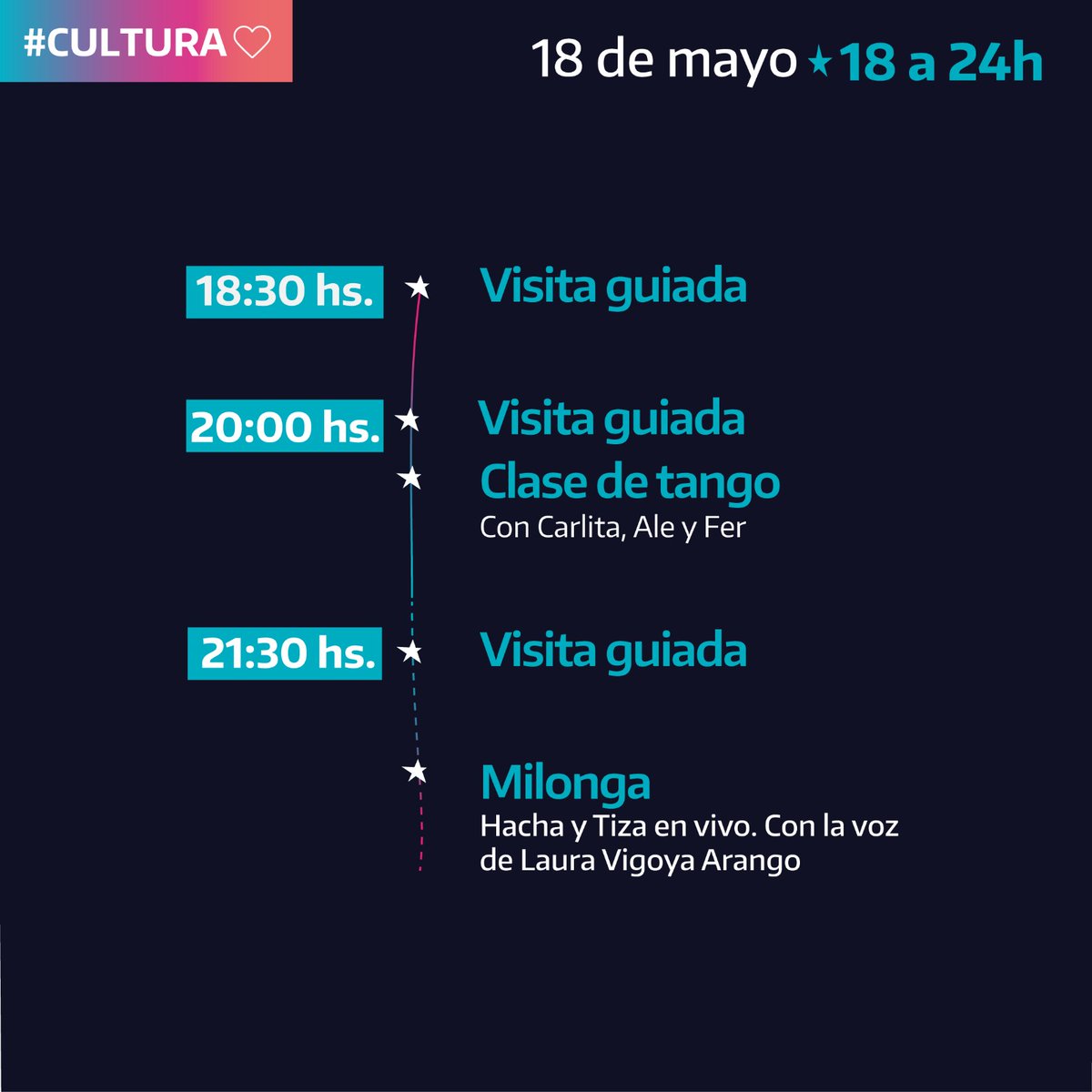 🌃Una Noche en el Museo de @PuertoLaPlata 📅 Sábado 18 de mayo 📌 18:30; 20:00 y 21:30 horas: visitas guiadas al Museo. 📌 20:00: Clase de Tango 📌 21:30: Milonga. Hacha y Tiza en vivo 📍Estación Dock Central, G.Gaggino y Ortiz de Rosas #Ensenada