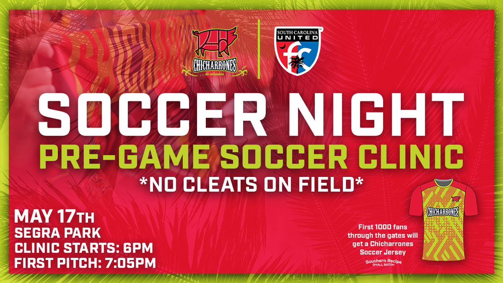 Shoot your shot at @ColaFireflies Soccer Night! They’ll be teaming up with @SCUnited_FC for a pre-game clinic and Chicarrones Soccer jersey giveaway ⚽️🥅