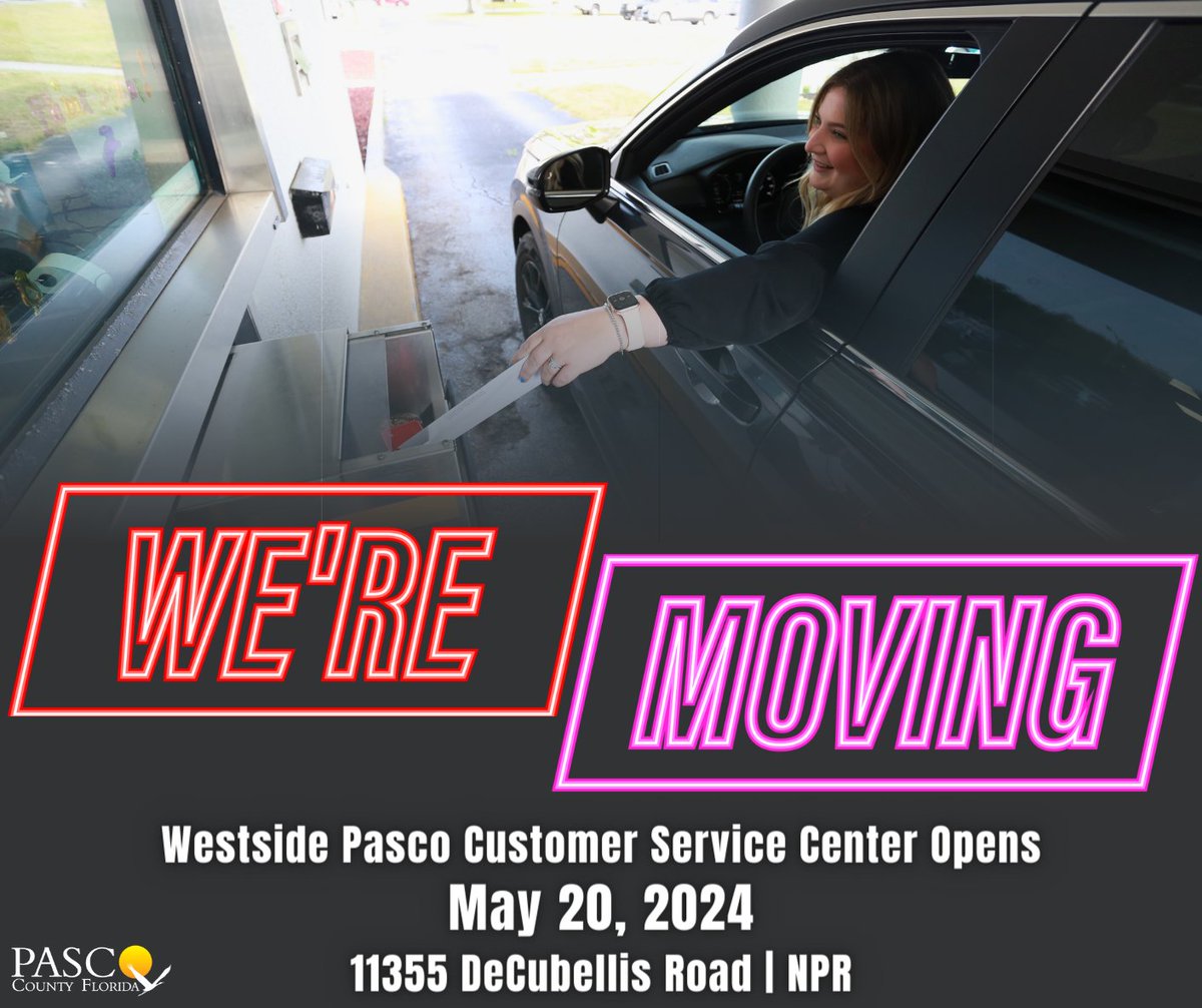 CUSTOMER ALERT for #PascoCounty Utilities: Our new westside customer service center is set to open soon!  Customers will have a new and more convenient way to pay their bills starting May 20, 2024.
Our current westside location and nighttime drop box at 7536 State Street will