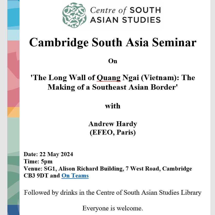Cambridge South Asia (@csascambridge) on Twitter photo <a href="/CSASCambridge/">Cambridge South Asia</a> invites you to a talk by Andrew Hardy (EFEO, Paris) on 'The Long Wall of #Quang #Ngai (#Vietnam): The Making of a #Southeast #Asian Border', 22 May, 5pm, SG1, Alison Richard Building & events.teams.microsoft.com/event/deaec105… <a href="/CSASCambridge/">Cambridge South Asia</a> invites you to a talk by Andrew Hardy (EFEO, Paris) on 'The Long Wall of #Quang #Ngai (#Vietnam): The Making of a #Southeast #Asian Border', 22 May, 5pm, SG1, Alison Richard Building & events.teams.microsoft.com/event/deaec105…