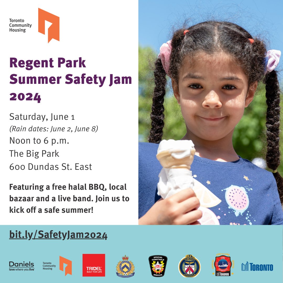 It’s back! #TCHC’s annual Regent Park Summer Safety Jam is on once again to celebrate the kickoff to a safe summer. Join us in the afternoon on Saturday, June 1 in Regent Park’s “Big Park” for this fun, FREE, family-friendly community event and show your community spirit!