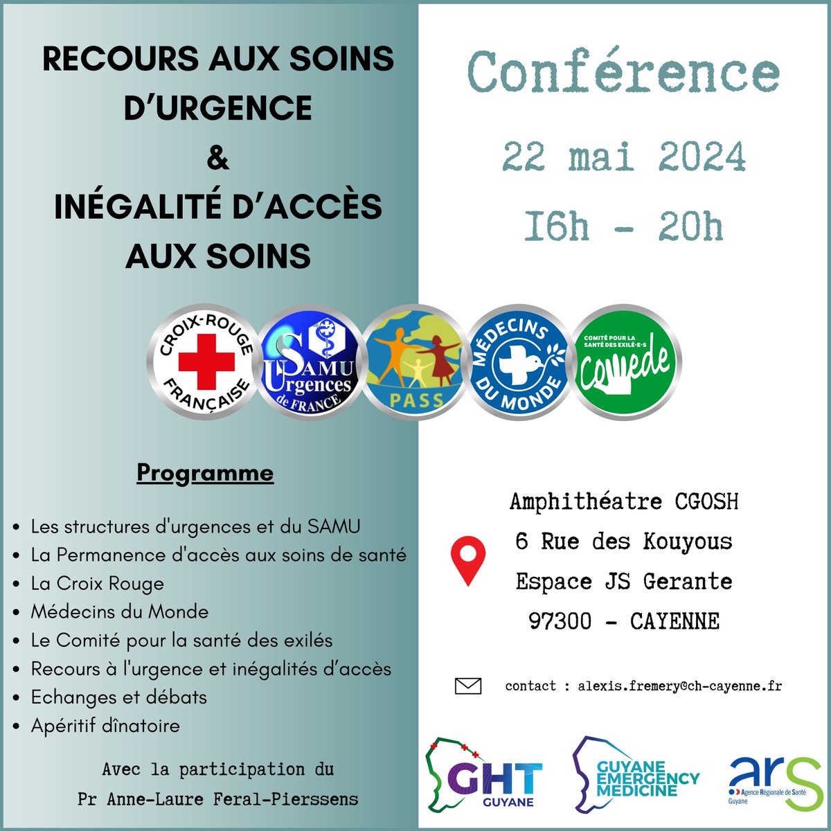 Urgences973's tweet image. Conférence exceptionnelle "Recours aux soins d'urgence &amp;amp; inégalité d'accès aux soins" le 22 mai prochain à Cayenne @ars_guyane @CHCayenne973 @CroixRouge @comede_asso @MdM_France @SUdF_Officiel