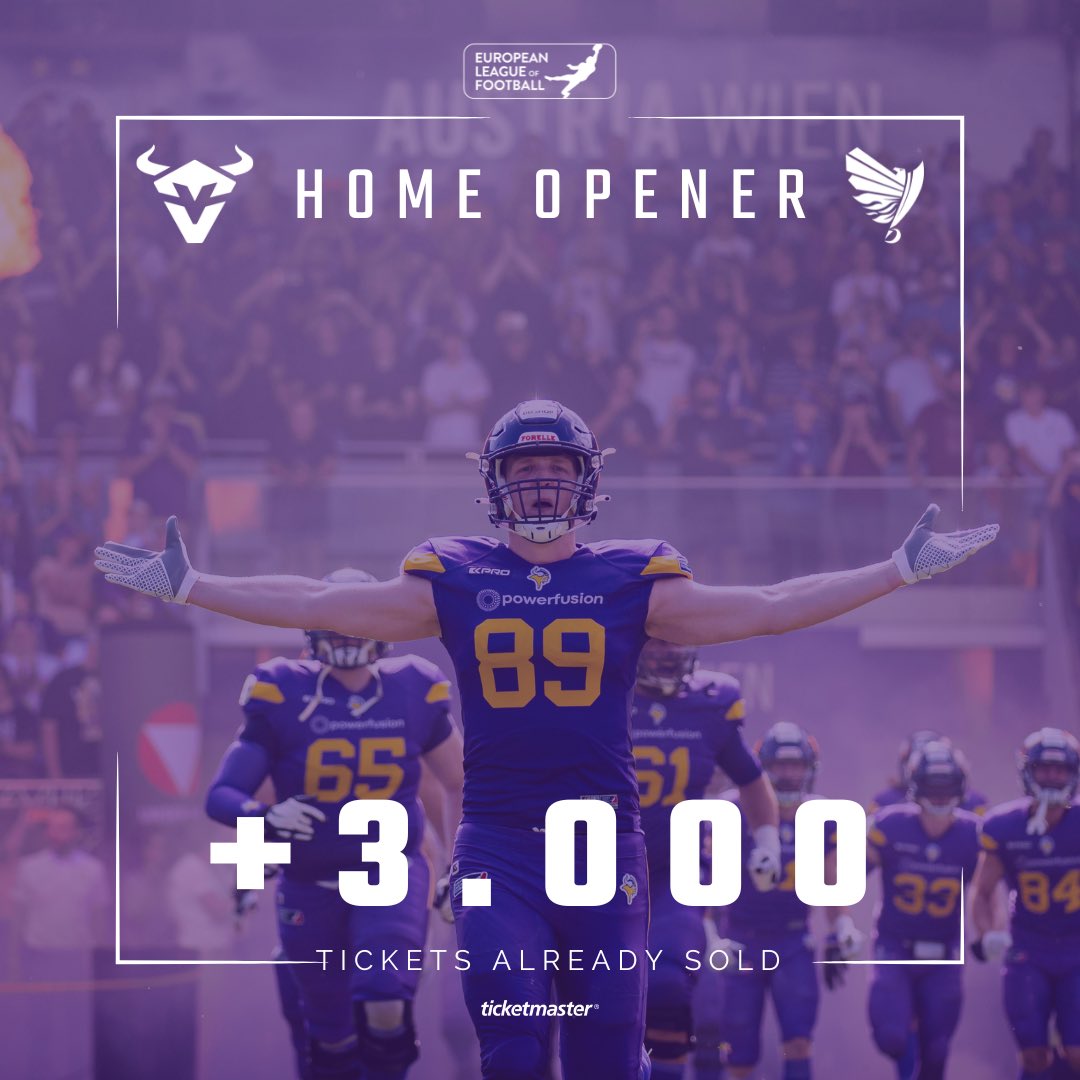 🎟️ + 3.000 Tickets Already Sold 💜

Make sure you get your #ViennaVikings #HomeOpener tickets now. Let’s rock the Generali-Arena!

🎟️ Ticket link in Bio | @TicketmasterAT 
📆 01.06.2024
⏰ Kickoff 18:00
🆚 @SWARCO_RAIDERS 

#PurpleReign #ELF2024 
📸 F.Noever | @ELF_Official