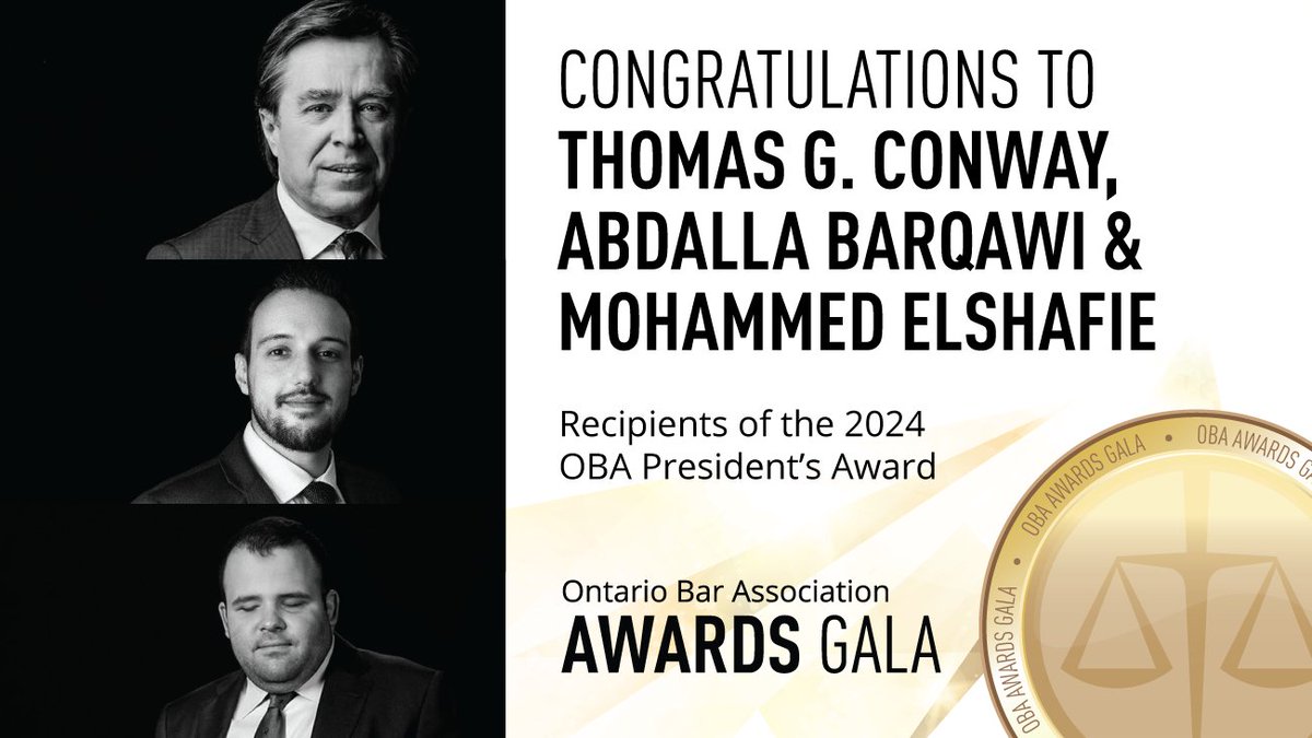OBA President Kelly McDermott is recognizing three lawyers from the firm of Conway Baxter Wilson LLP in Ottawa with the annual OBA President’s Award. Join us to celebrate some of Ontario’s brightest legal stars at the annual Awards Gala on June 20. oba.org/News-Media/Pre…