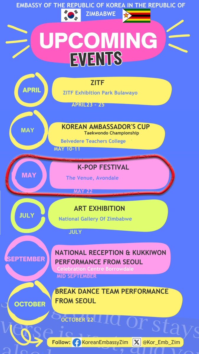 🎉 Unveiling Korea's Annual Event Schedule! 🎉

THIS May, Zimbabwe danceteam covering K- idol dance😍

July,an epic Korea-Zimbabwe collaboration exhibit🌎

September,by Kukkiwon Taekwondo, which has impressed various broadcasters!🎆

October, Korea's amazing B-Boys'll be coming🤸‍♂️