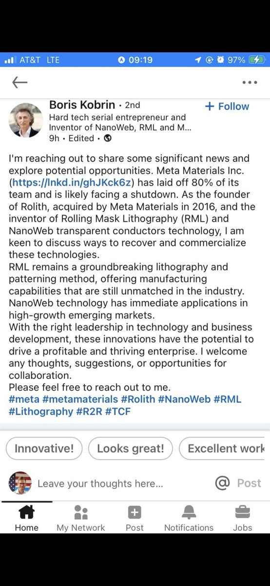 $mmat @palikaras @Metamaterialtec @MMATNEWS 

Something smells fishy here. Read this. To me, it sounds like nanoweb is ready. Why hasn't the BOD been pushing/selling this?  He clearly states it has immediate applications. What happened to the Sekisui deal? Microwave deal? And