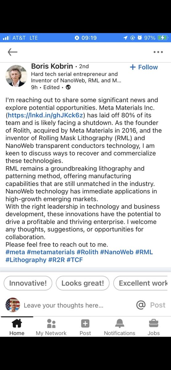 ODgreentrader (@odgreentrader) on Twitter photo $mmat <a href="/palikaras/">George Palikaras</a> <a href="/Metamaterialtec/">Meta Materials Inc. (META®)</a> @MMATNEWS
Something smells fishy here. Read this. To me, it sounds like nanoweb is ready. Why hasn't the BOD been pushing/selling this? He clearly states it has immediate applications. What happened to the Sekisui deal? Microwave deal? And $mmat <a href="/palikaras/">George Palikaras</a> <a href="/Metamaterialtec/">Meta Materials Inc. (META®)</a> @MMATNEWS
Something smells fishy here. Read this. To me, it sounds like nanoweb is ready. Why hasn't the BOD been pushing/selling this? He clearly states it has immediate applications. What happened to the Sekisui deal? Microwave deal? And