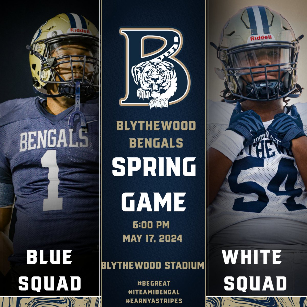 🚨🚨🚨REMINDER TONIGHT!!!!!🚨🚨🚨 ⏰️: 6:00 PM 5:30 BENGAL WALK❗️❗️❗️ 📍: @BlythewoodHigh STADIUM Food trucks and concession stand will be open tonight. Raffle tonight at halftime! #BeGreat #1Team1Bengal #EarnYaStripes