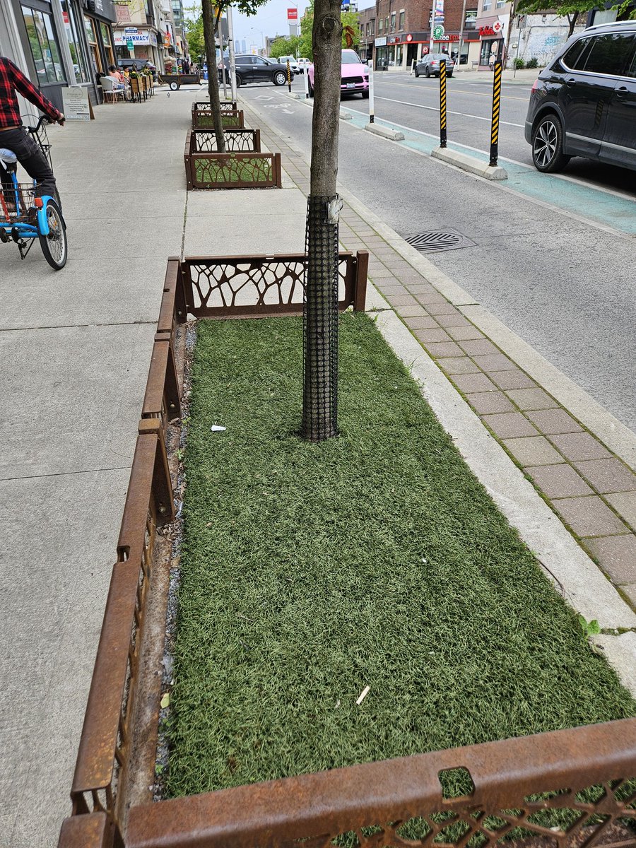 Who at <a href="/cityoftoronto/">City of Toronto 🇨🇦</a> decided to install fake turf all along Danforth East? <a href="/BradMBradford/">Brad Bradford</a>? It is awful for microplastics going into the lake, for climate mitigation and so many more things. Tear this up and plant flowers!! Follow city recommendations!