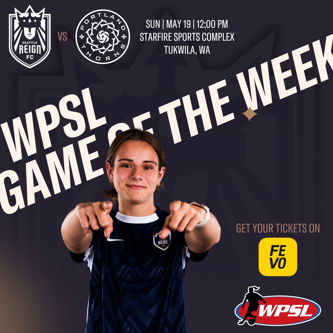 Seattle Reign Academy (@seareignacademy) on Twitter photo Check out the <a href="/WPSL/">Women’s Premier Soccer League</a> GAME OF THE WEEK this Sunday at Starfire Sports Complex @ 12pm ⚽️
Come be a part of history as we kick off the first official match in the WPSL for Reign II 👑
Tickets are only $5, link in bio 🔗
#MakeitReign | #HerGame Check out the <a href="/WPSL/">Women’s Premier Soccer League</a> GAME OF THE WEEK this Sunday at Starfire Sports Complex @ 12pm ⚽️
Come be a part of history as we kick off the first official match in the WPSL for Reign II 👑
Tickets are only $5, link in bio 🔗
#MakeitReign | #HerGame